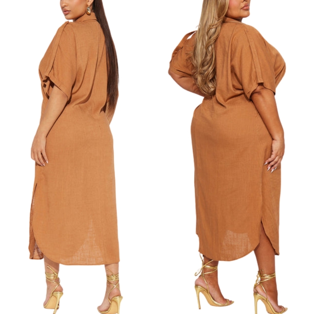 Fashion Nova Lucia Linen Blend Shirt Midi Dress Cognac Brown 3X Plus Size Boho - Picture 3 of 4